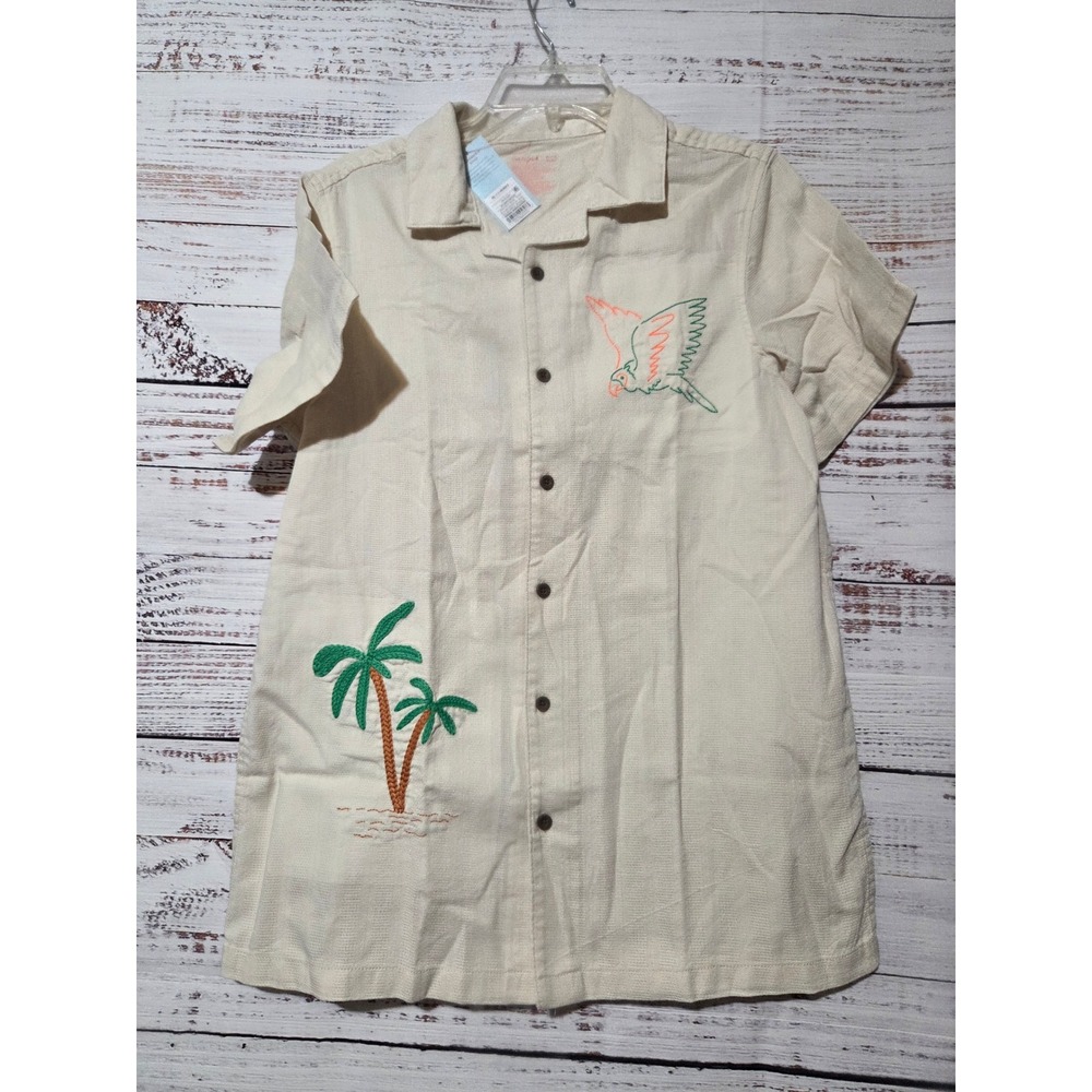 Cat & Jack Kids XL 14 Husky Off-White Embroidered Parrot Palm Tree Button Down